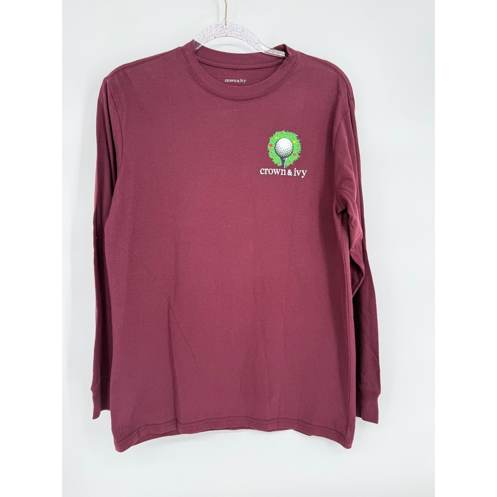 Crown & Ivy Mens Maroon Christmas Golf Cart Long Sleeve Graphic T-Shirt Sz S NWT